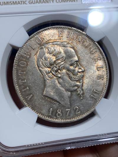 《竞宝斋》第420场 周日，周一，周二  3场连拍 （全场包邮） NGC MS61 意大利1872年伊曼纽尔二世5里拉大银币 黄油转光