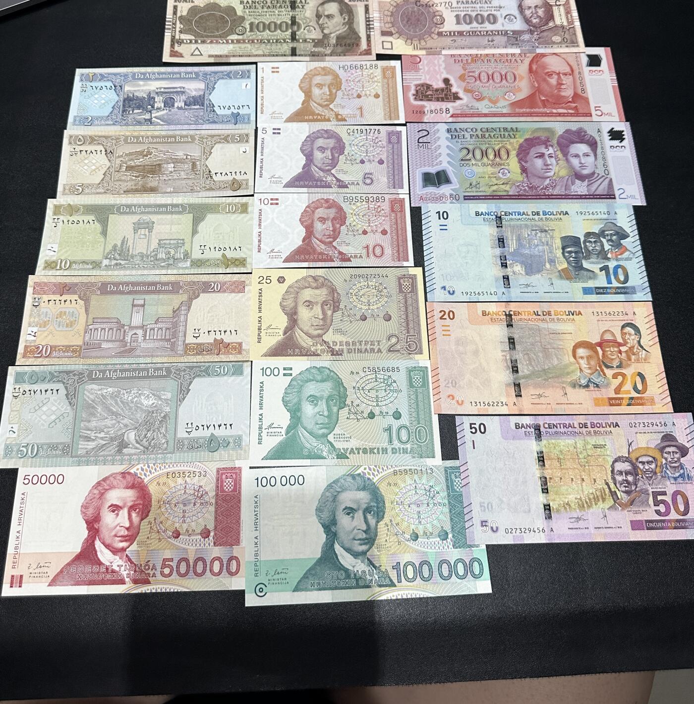 《外钞收藏家》第五百六十九期（本期拍品品种丰富、精选优质稀少好货）（本平台长期征集拍品、欢迎藏友们联系合作） 巴拉圭、阿富汗、克罗地亚、玻利维亚（除了玻利维亚50）其他全新