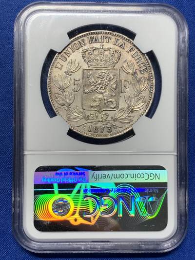 《竞宝斋》第420场 周日，周一，周二  3场连拍 （全场包邮） NGC UNCD 比利时1873年利奥波德二世5法郎银币