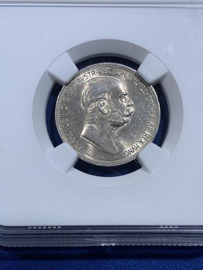 《竞宝斋》第420场 周日，周一，周二  3场连拍 （全场包邮） NGC AU58 奥地利1908年弗朗兹一世60周年纪念1克朗银币