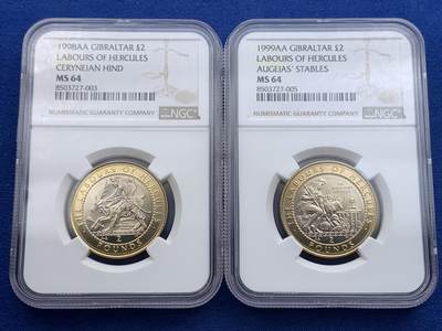 《竞宝斋》第420场 周日，周一，周二  3场连拍 （全场包邮） 稀少12枚一组 NGC MS63-66 直布罗陀 2000 赫拉克勒斯的功绩系列 双金属2镑纪念币 低评明显
