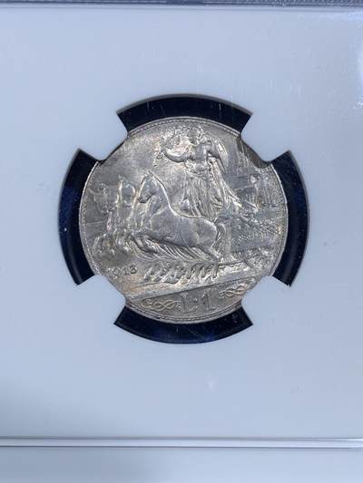 《竞宝斋》第420场 周日，周一，周二  3场连拍 （全场包邮） NGC MS63 意大利1913年圈版马车1里拉银币 币面丝滑 淡黄油光
