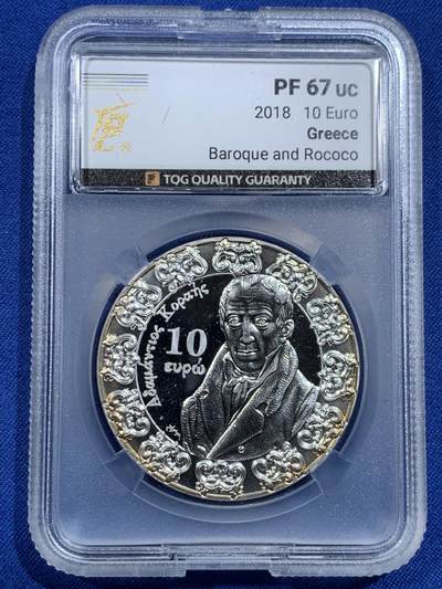 《竞宝斋》第420场 周日，周一，周二  3场连拍 （全场包邮） TQG PF67UC 希腊2018年欧洲之星-巴洛克和洛可可艺术10欧精制银币 31.1克 925银 发行量5千