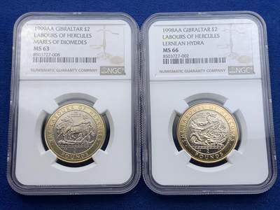 《竞宝斋》第420场 周日，周一，周二  3场连拍 （全场包邮） 稀少12枚一组 NGC MS63-66 直布罗陀 2000 赫拉克勒斯的功绩系列 双金属2镑纪念币 低评明显