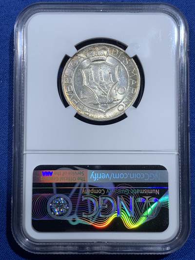 《竞宝斋》第420场 周日，周一，周二  3场连拍 （全场包邮） NGC MS63 圣马力诺1935年10里拉银币 图案有特色 发行少