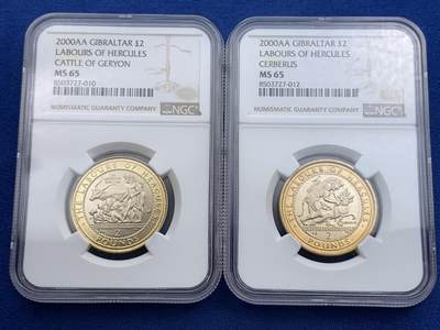 《竞宝斋》第420场 周日，周一，周二  3场连拍 （全场包邮） 稀少12枚一组 NGC MS63-66 直布罗陀 2000 赫拉克勒斯的功绩系列 双金属2镑纪念币 低评明显