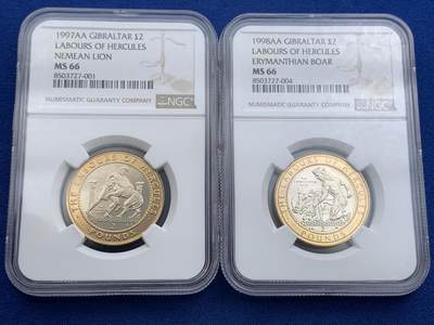 《竞宝斋》第420场 周日，周一，周二  3场连拍 （全场包邮） 稀少12枚一组 NGC MS63-66 直布罗陀 2000 赫拉克勒斯的功绩系列 双金属2镑纪念币 低评明显