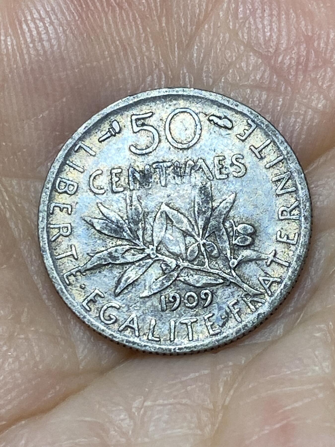 2025年第九十四场(总第一百二十场）外国好品散币(免佣金) 法国🇫🇷1909年50生丁银币(法兰西第三共和国，835银)