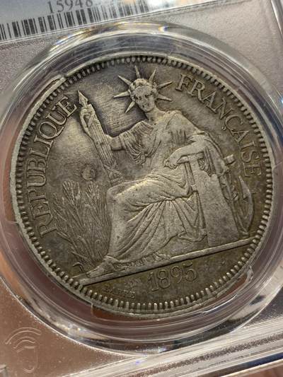 《竞宝斋》第420场 周日，周一，周二  3场连拍 （全场包邮） PCGS XFD 法属印支1895年A坐洋 普重坐洋的第一年，可惜正面有清洗，背面入骨大老黑包浆。