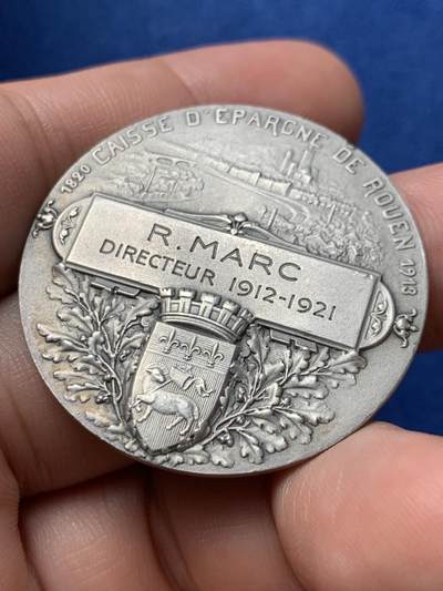 《竞宝斋》第420场 周日，周一，周二  3场连拍 （全场包邮） 法国鲁恩储蓄银行纪念银章，丰饶角1AR边铭，37.5mm，20.95克。