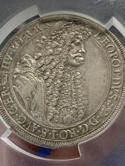 《竞宝斋》第420场 周日，周一，周二  3场连拍 （全场包邮） 亚军分 PCGS AU58 神圣罗马帝国 1688 匈牙利泰勒银币  利奥波德一世 大波浪流行发型 P大盒封装