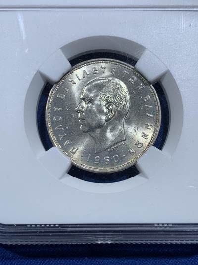 《竞宝斋》第420场 周日，周一，周二  3场连拍 （全场包邮） NGC MS64 希腊王国1960年20德拉克马月亮女神银币