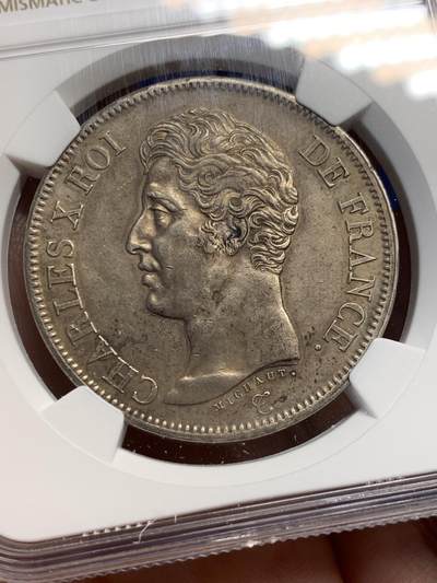 《竞宝斋》第420场 周日，周一，周二  3场连拍 （全场包邮） NGC AUD 法国1825年查理十世5法郎银币 早期少见 第一版头像 状态不错的 没分可惜