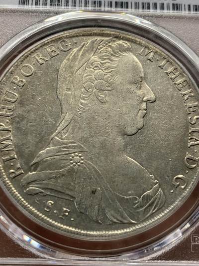 《竞宝斋》第420场 周日，周一，周二  3场连拍 （全场包邮） PCGS AU55分 1780年 神圣罗马帝国玛利亚特蕾莎女王 大奶妈1泰勒大银币 PC亚军分 封面广告币之一 威尼斯造币厂铸造 铸造时间1817-1833年 微镜面感 深打难得