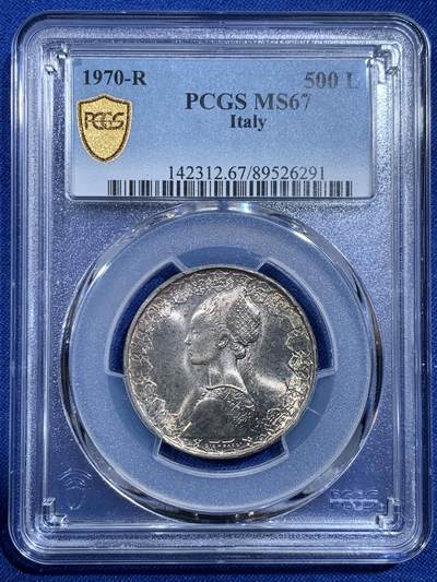 《竞宝斋》第420场 周日，周一，周二  3场连拍 （全场包邮） - PCGS MS67 意大利500里拉银币 1970哥伦布文艺复兴少女 卷拆车轮光高分！