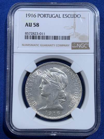 《竞宝斋》第420场 周日，周一，周二  3场连拍 （全场包邮） - NGC AU58 葡萄牙1916年女神1埃斯库多银币，币面清爽干净又舒适，状态佳。