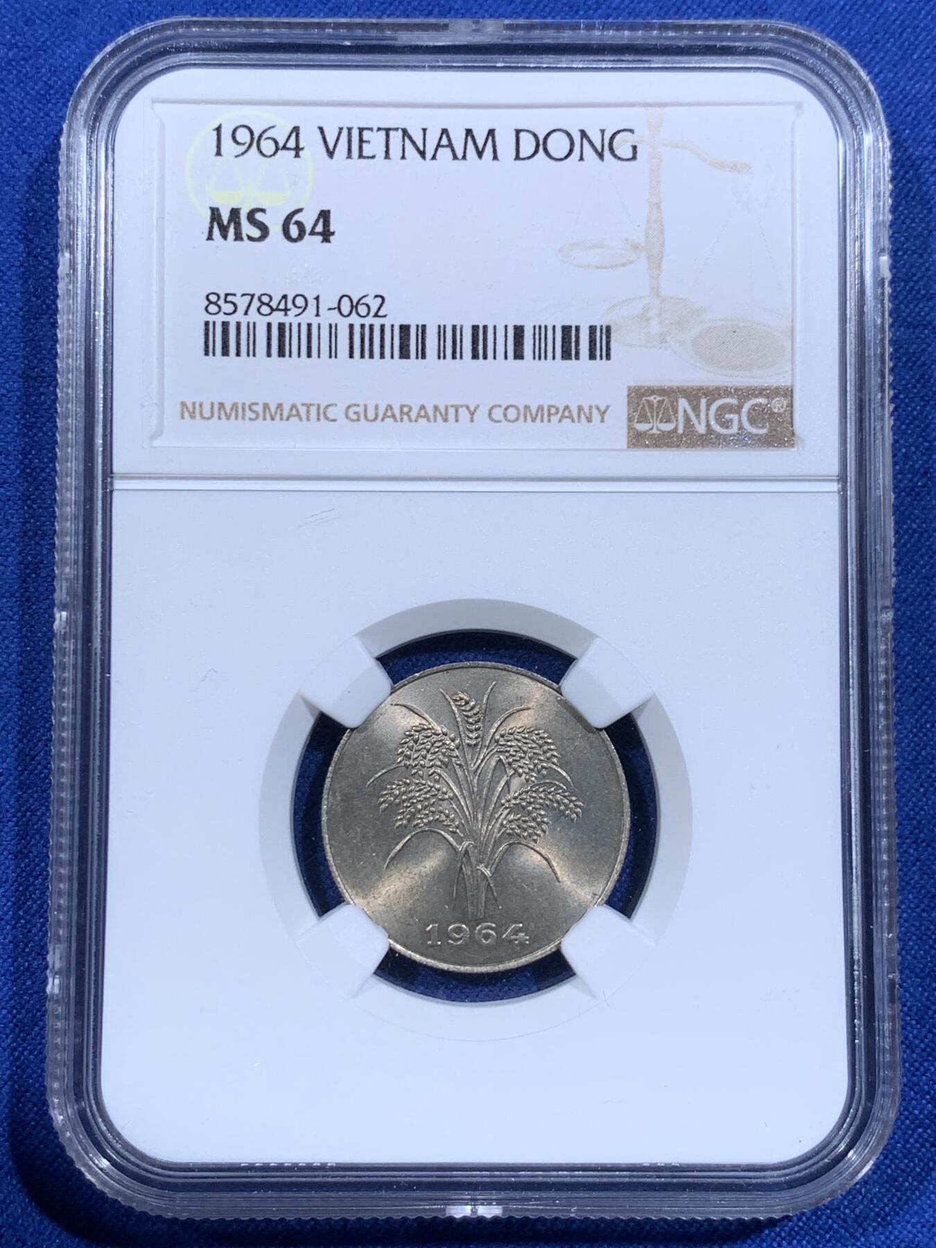 《竞宝斋》第421场 周日，周一，周二  3场连拍 （全场包邮） NGC MS64 越南1964年麦穗1DONG镍币