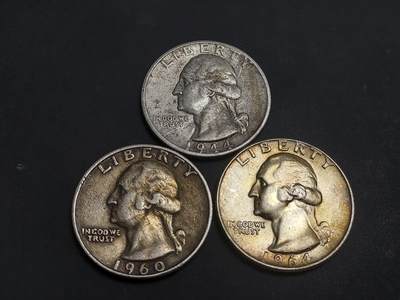 博彦收藏  AM 9月28日 8点钱币专场 - 1944-64美国25c 银币3枚，每个重约6.2g 流通品