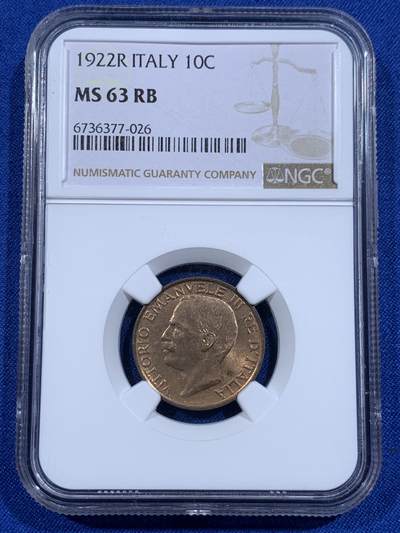 《竞宝斋》第421场 周日，周一，周二  3场连拍 （全场包邮） - NGC MS63RB 意大利1922年小蜜蜂 市面常见20年的