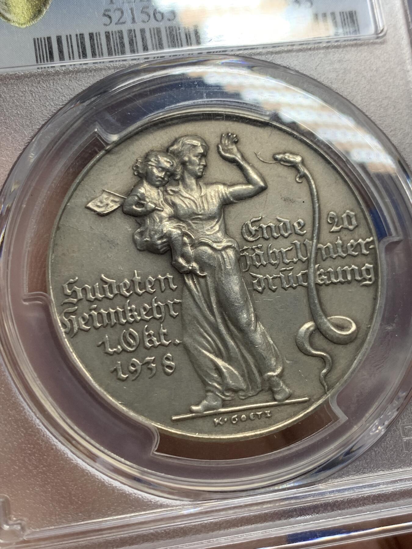 《竞宝斋》第421场 周日，周一，周二  3场连拍 （全场包邮） PCGS SP64 德国 1938年 德国攻占苏台德地区纪念银章 卡茨二战名誉品章 经典设计 正面有讽刺意味 该章应该不用多介绍 懂的都懂 卡茨章持续上涨品种