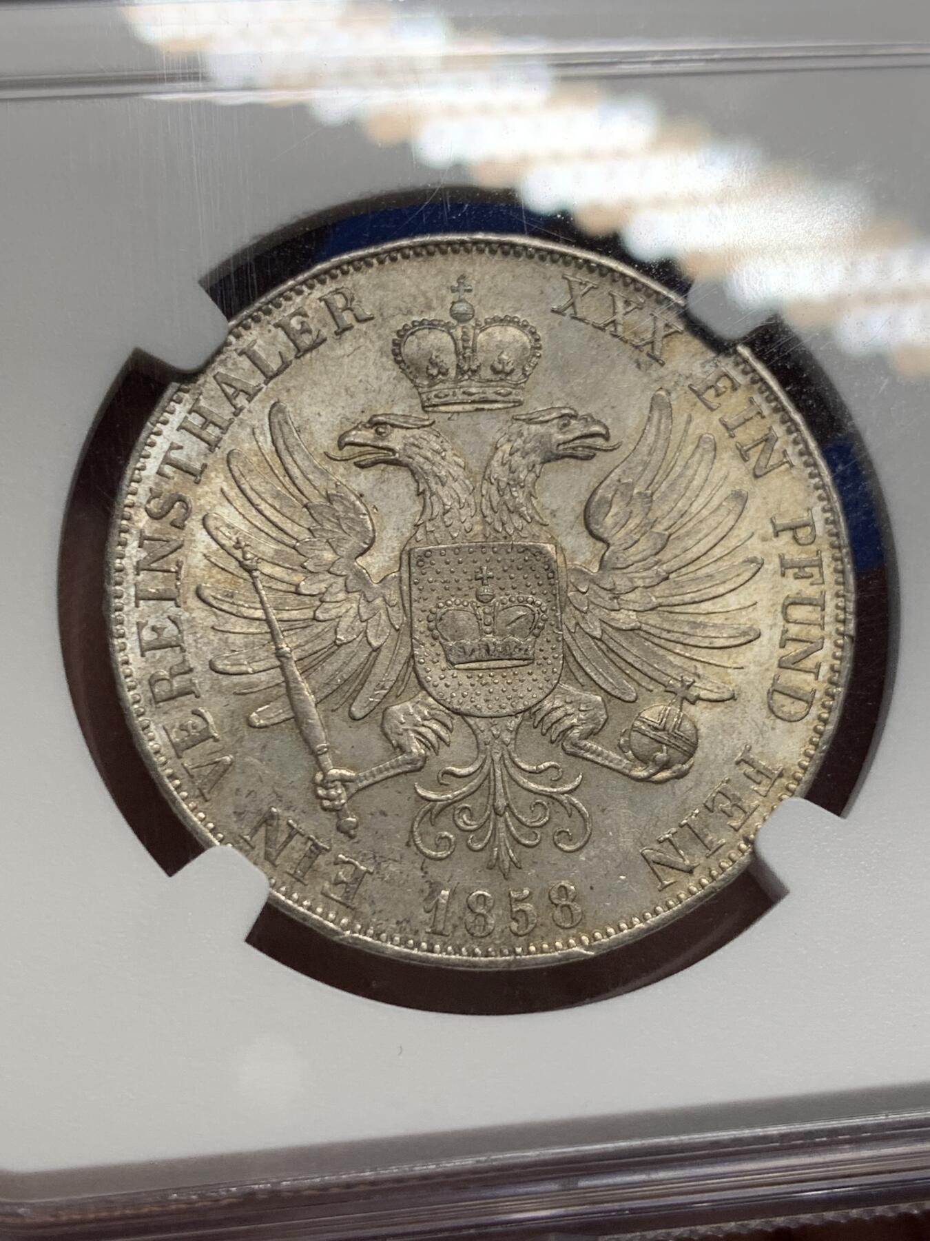 《竞宝斋》第421场 周日，周一，周二  3场连拍 （全场包邮） NGC MS62 德国 1858 施瓦茨堡-鲁多尔施塔特公国 泰勒银币 小邦好品 感觉有所低评了