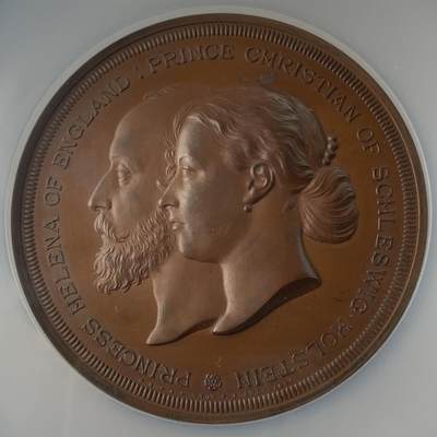 掌中浮雕-藏着的欧洲第036场 - NGC MS64 : 1866年英国海伦娜公主和克里斯蒂安王子结婚铜章 ，64mm, J. S. & A. B. Wyon雕刻，原盒