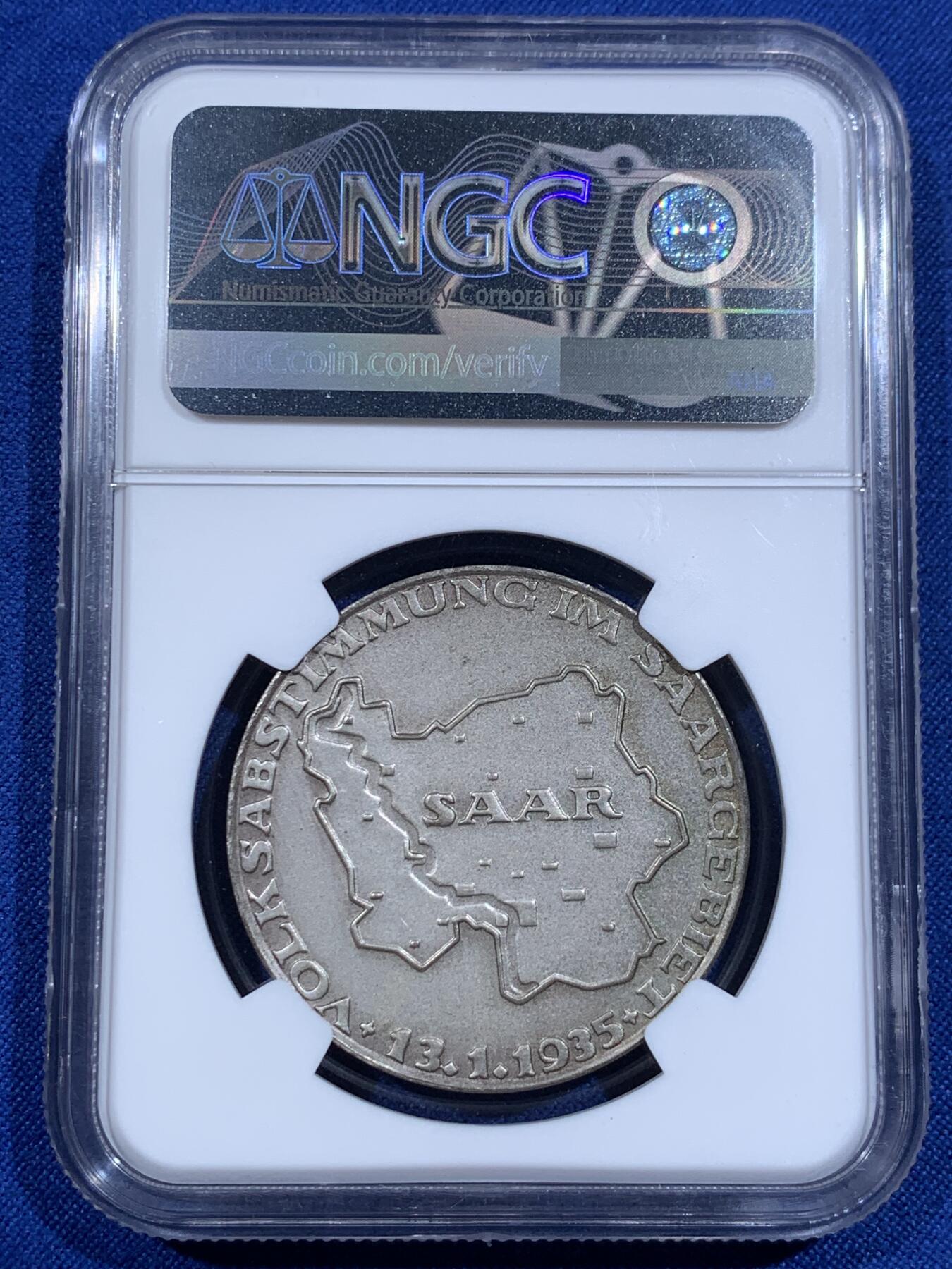 《竞宝斋》第421场 周日，周一，周二  3场连拍 （全场包邮） NGC MS63 德国 1935年 萨尔地区回归纪念 银章