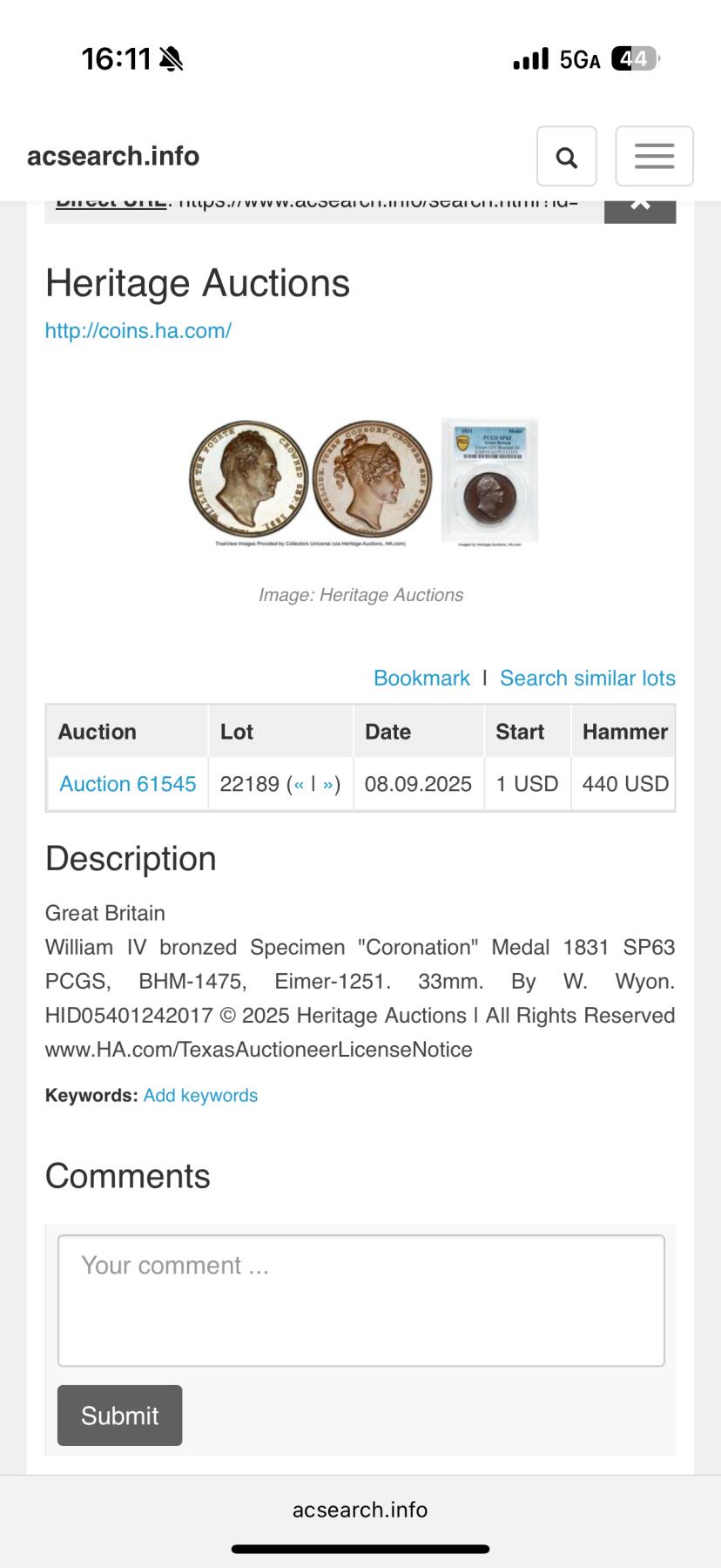 《竞宝斋》第420场 周日，周一，周二  3场连拍 （全场包邮） PCGS SP63 英国 1831年 威廉四世 加冕铜章 非常少见的品种 高分好细节 今年HA同分4000成交，感觉本拍品状态更好些