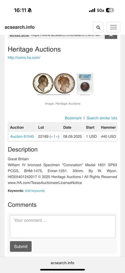 《竞宝斋》第420场 周日，周一，周二  3场连拍 （全场包邮） PCGS SP63 英国 1831年 威廉四世 加冕铜章 非常少见的品种 高分好细节 今年HA同分4000成交，感觉本拍品状态更好些