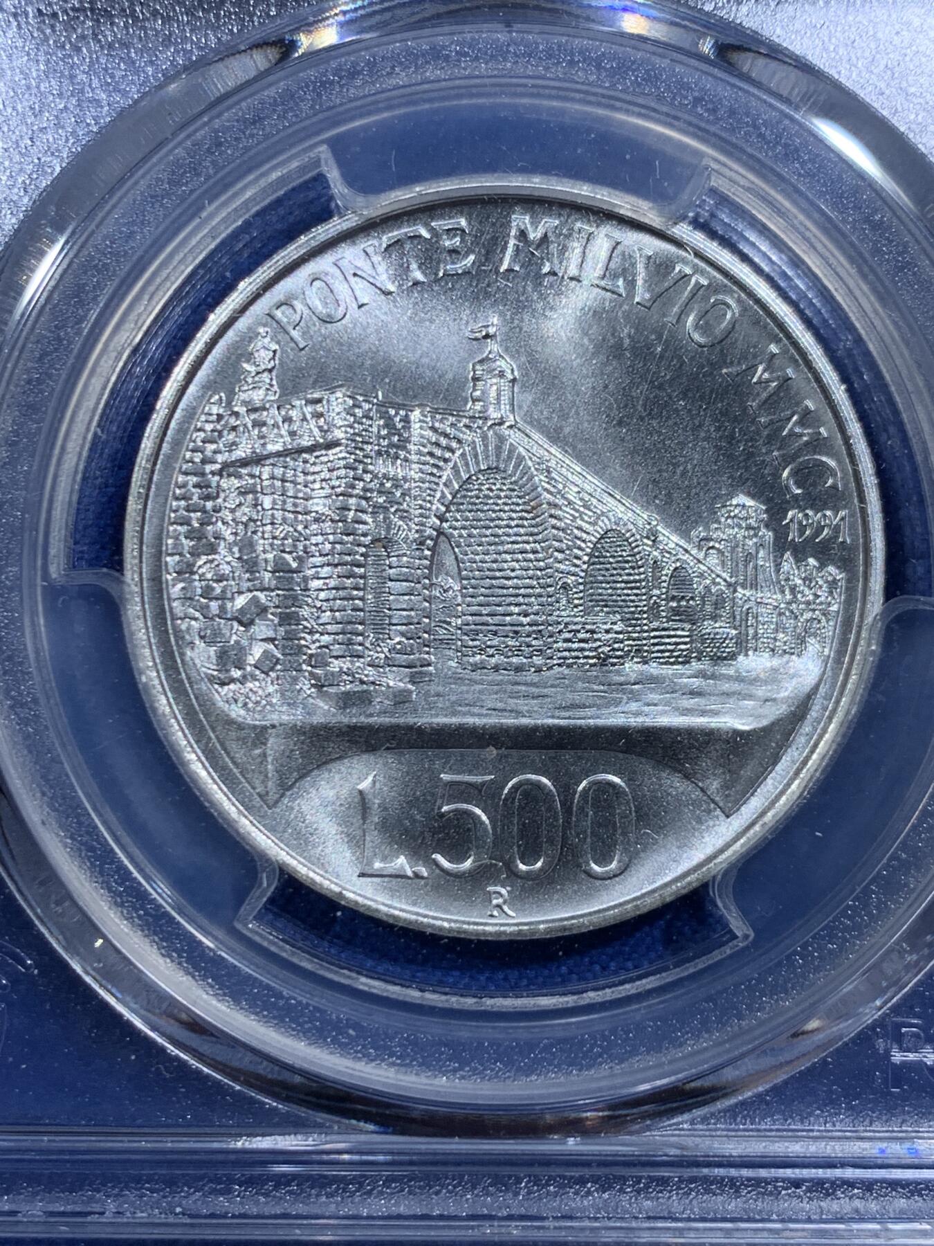 《竞宝斋》第421场 周日，周一，周二  3场连拍 （全场包邮） PCGS UNCD 意大利1991年罗马米尔维奥桥500里拉银币 原册拆出来的，给了UNC......