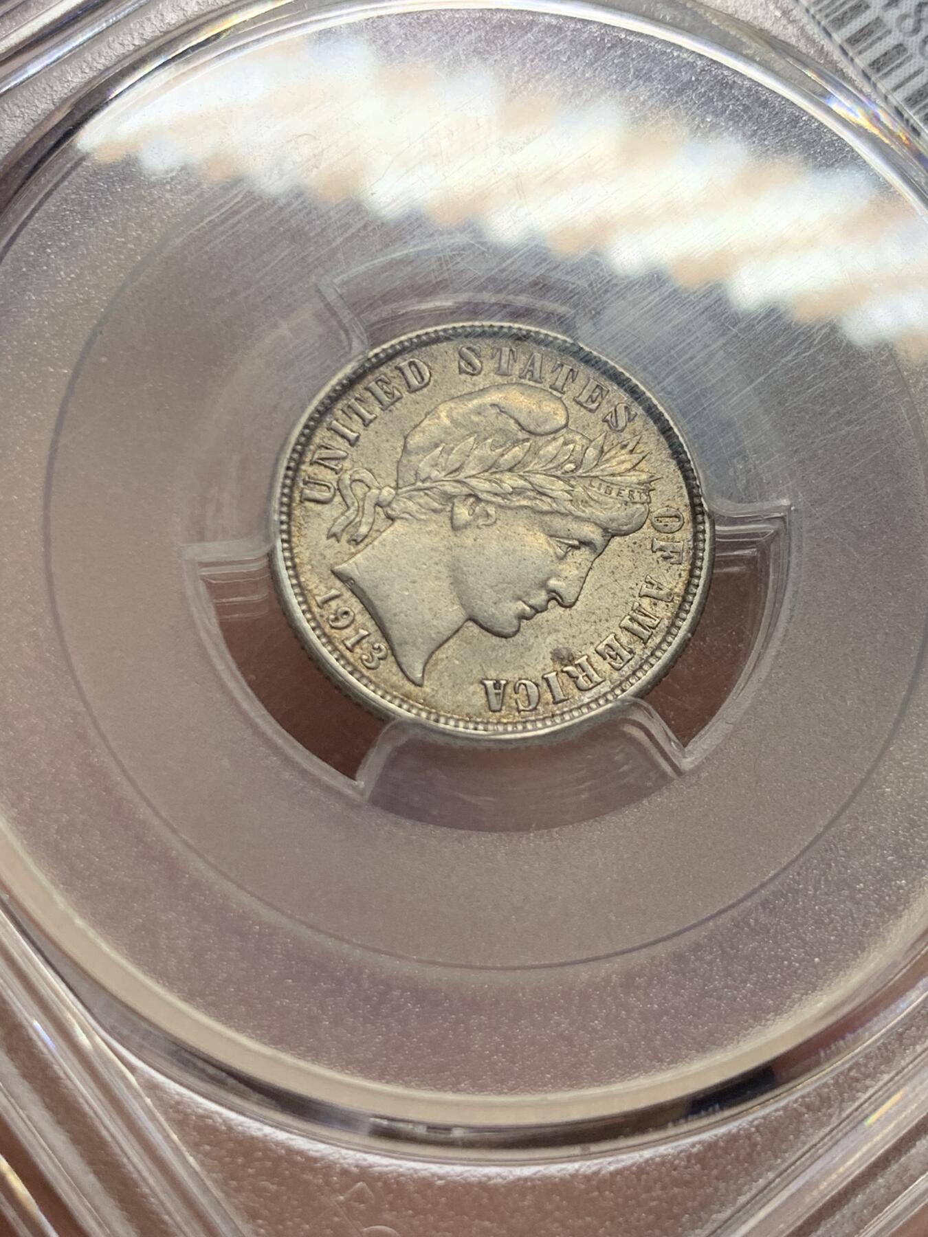 《竞宝斋》第421场 周日，周一，周二  3场连拍 （全场包邮） PCGS AU55 美国1913年巴伯10分银币 少见品种 淡彩