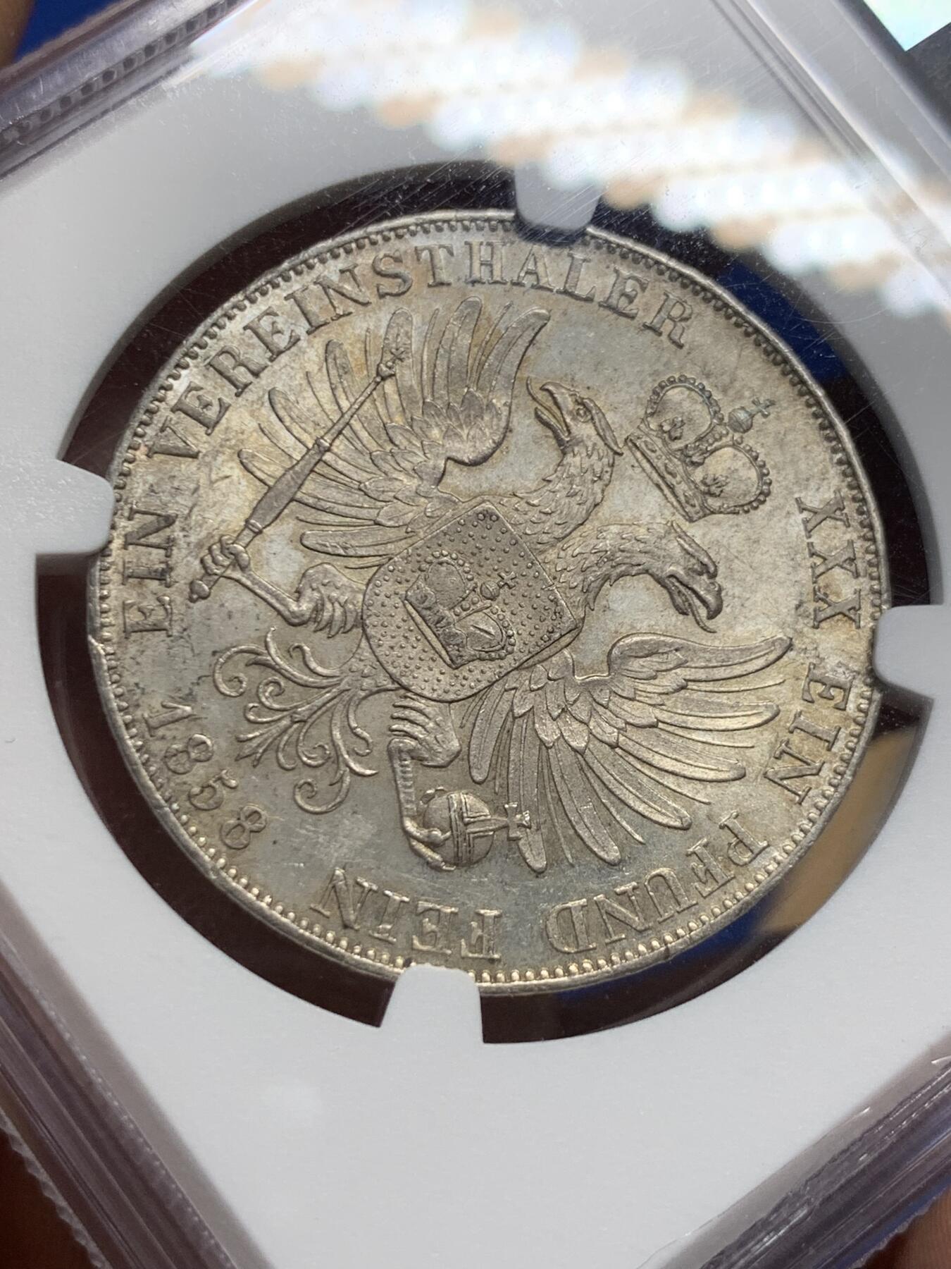《竞宝斋》第421场 周日，周一，周二  3场连拍 （全场包邮） NGC MS62 德国 1858 施瓦茨堡-鲁多尔施塔特公国 泰勒银币 小邦好品 感觉有所低评了