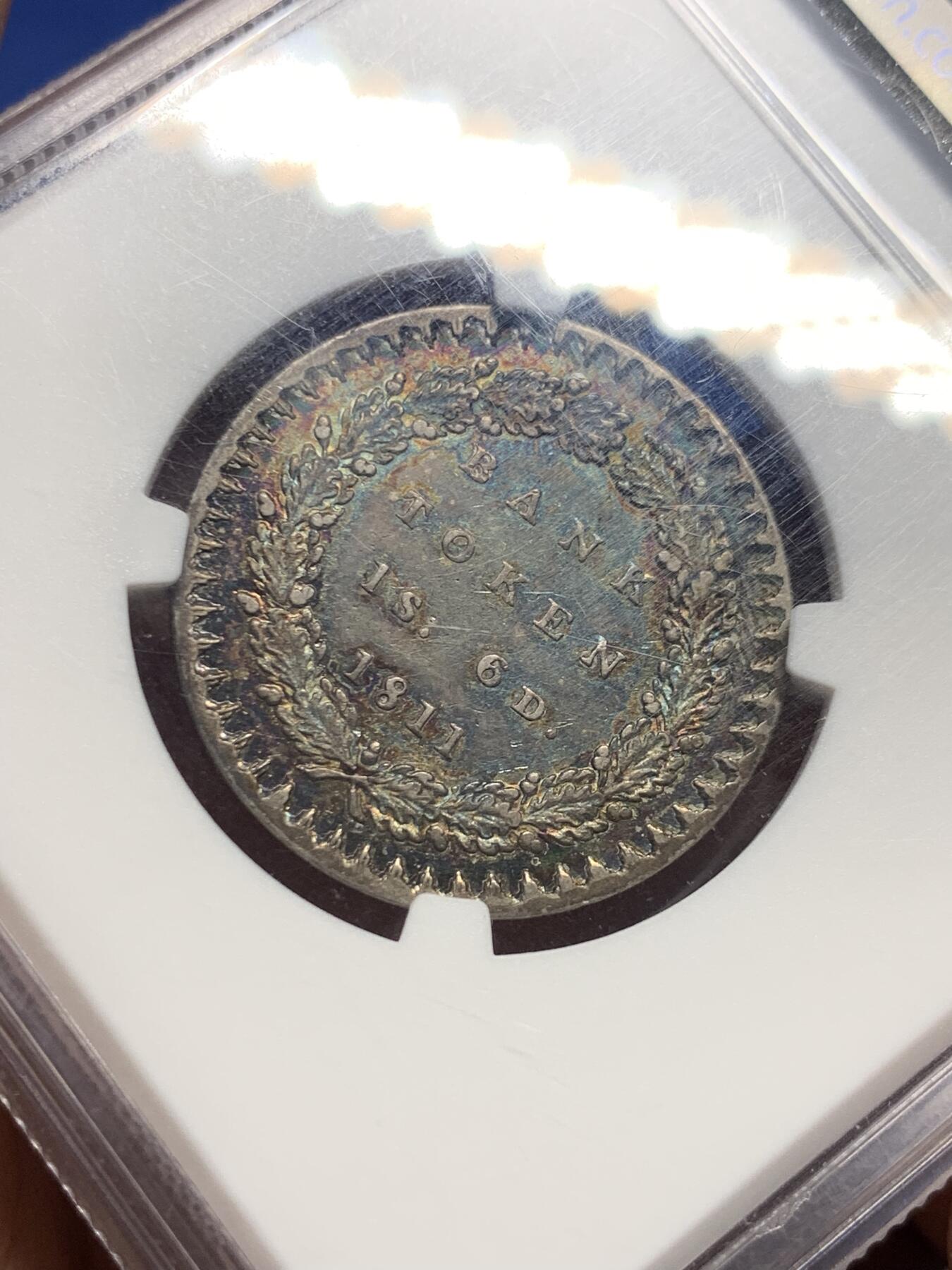 《竞宝斋》第421场 周日，周一，周二  3场连拍 （全场包邮） NGC AU58 英国 1811乔治三世戎装英格兰银行1.6先令银币 双面深彩 状态不错