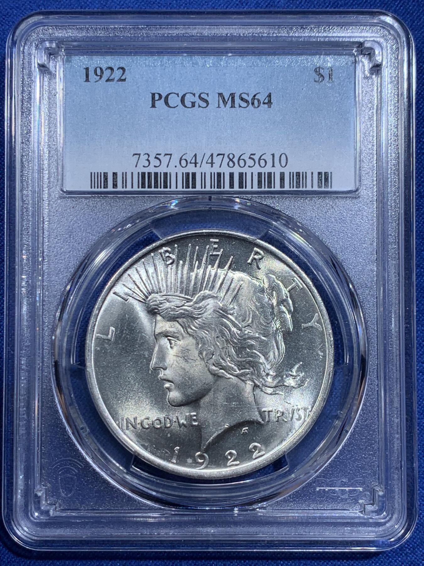 《竞宝斋》第421场 周日，周一，周二  3场连拍 （全场包邮） PCGS MS64 美国1922年和平1美元大银币