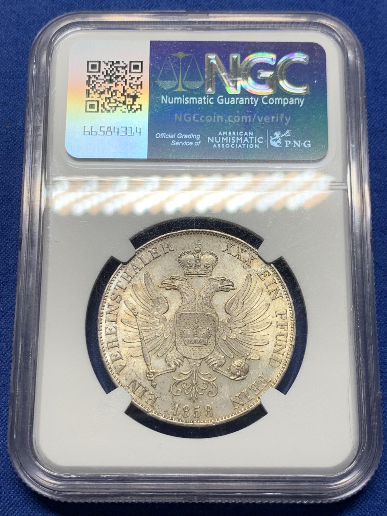 《竞宝斋》第421场 周日，周一，周二  3场连拍 （全场包邮） NGC MS62 德国 1858 施瓦茨堡-鲁多尔施塔特公国 泰勒银币 小邦好品 感觉有所低评了