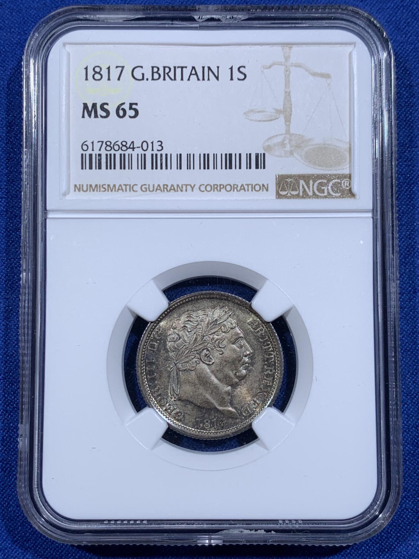 《竞宝斋》第421场 周日，周一，周二  3场连拍 （全场包邮） NGC MS65 英国1817年乔治三世1先令银币，底板转光丝滑，发丝清晰，几乎看不到磨损划痕，值得收藏的品相