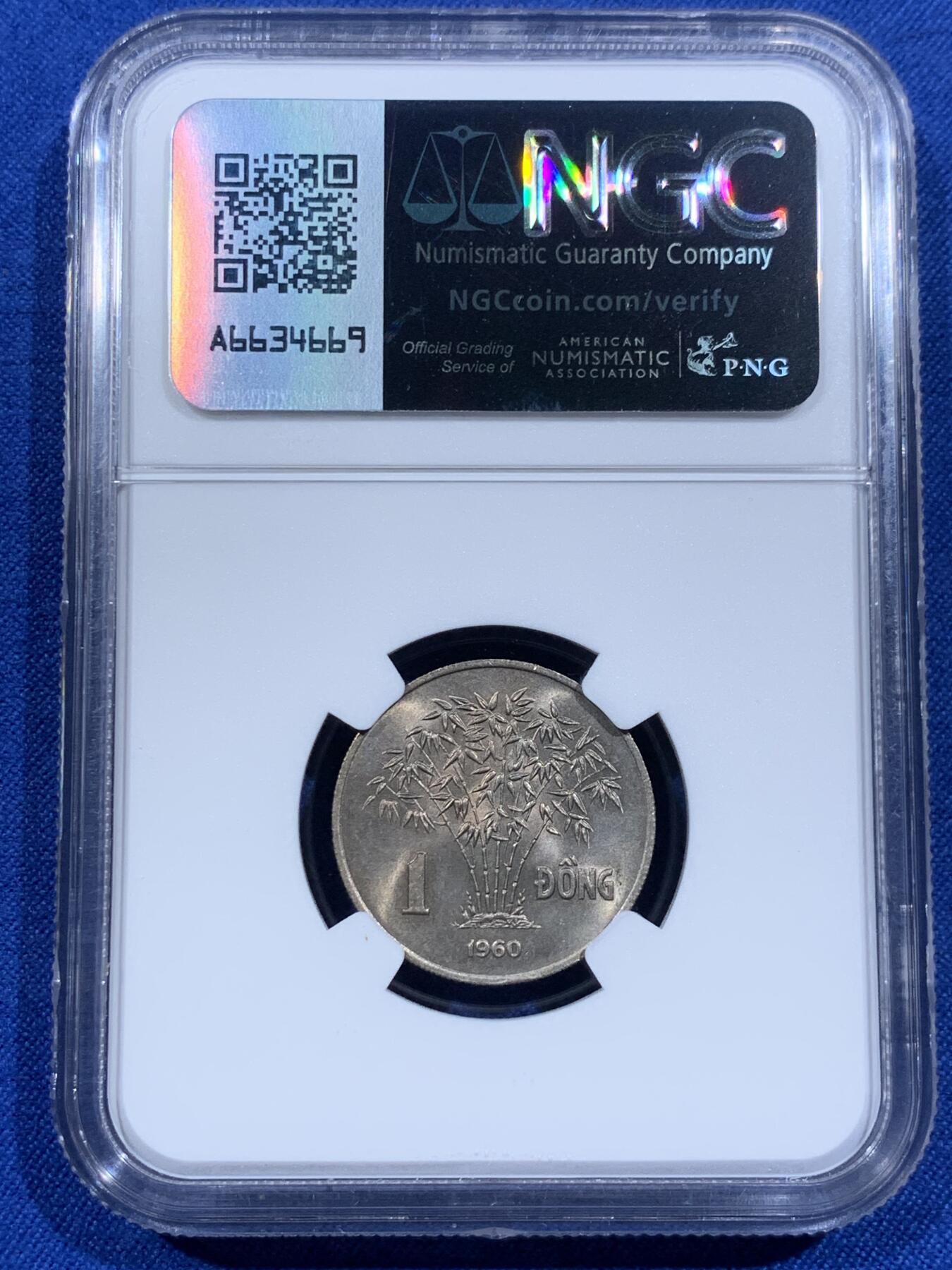 《竞宝斋》第421场 周日，周一，周二  3场连拍 （全场包邮） NGC MS64 越南1960年吴庭艳头像1DONG镍币