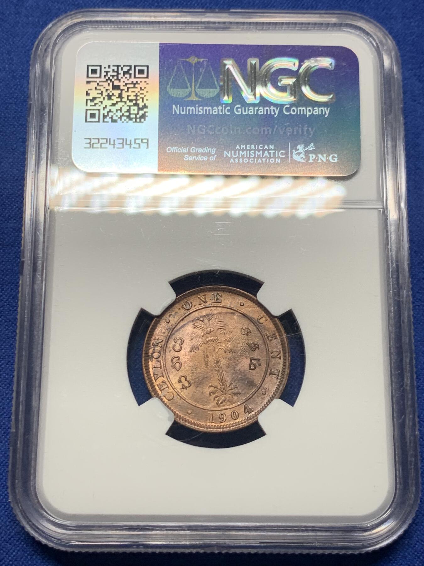 《竞宝斋》第421场 周日，周一，周二  3场连拍 （全场包邮） NGC MS65RB 英属锡兰1904年爱德华七世1分铜币 高分