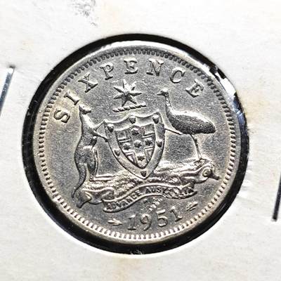KK钱币收藏小铺 第346场 2月预留时间 周末发货 -  1951澳大利亚6便士银币