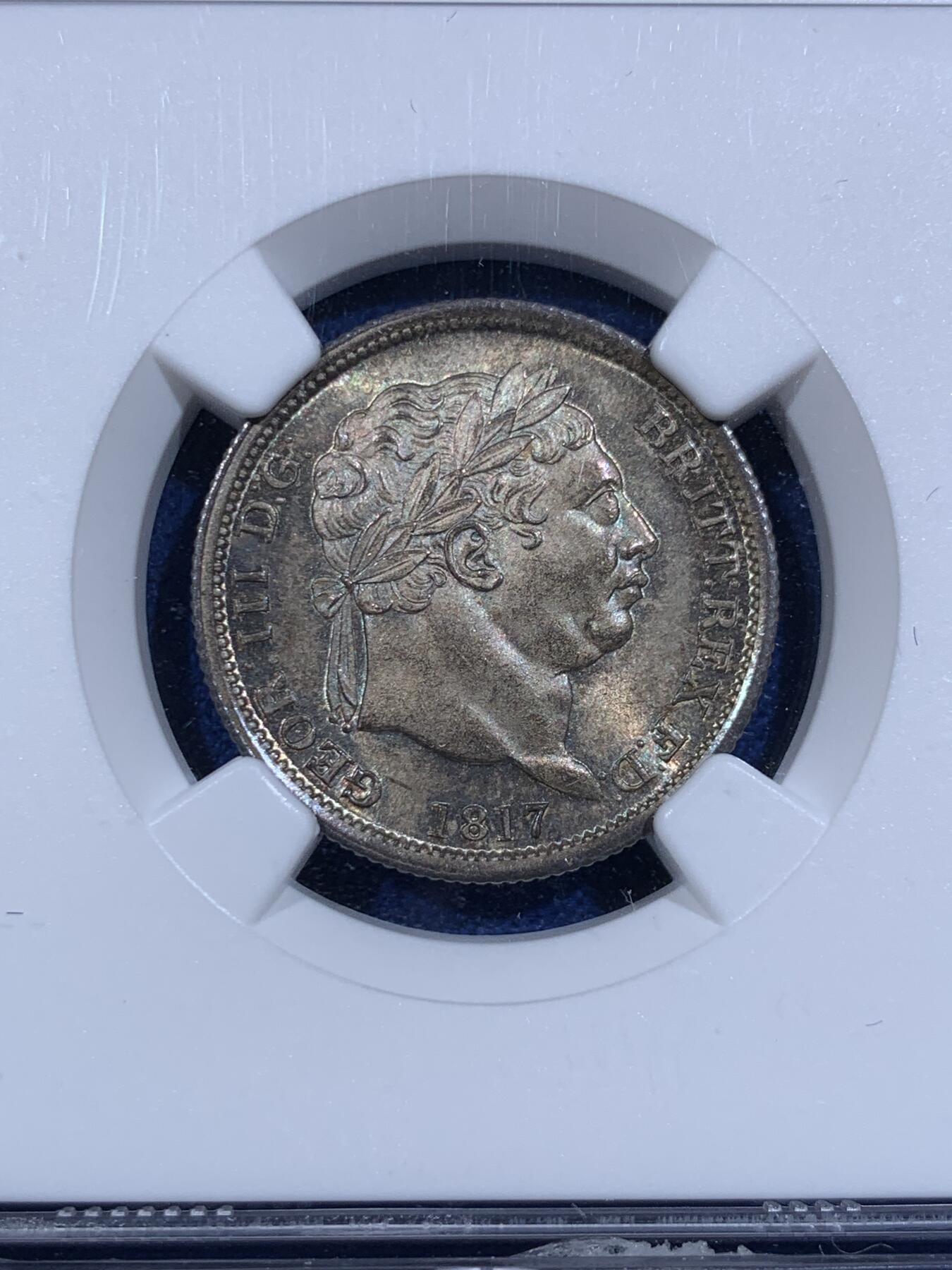《竞宝斋》第421场 周日，周一，周二  3场连拍 （全场包邮） NGC MS65 英国1817年乔治三世1先令银币，底板转光丝滑，发丝清晰，几乎看不到磨损划痕，值得收藏的品相