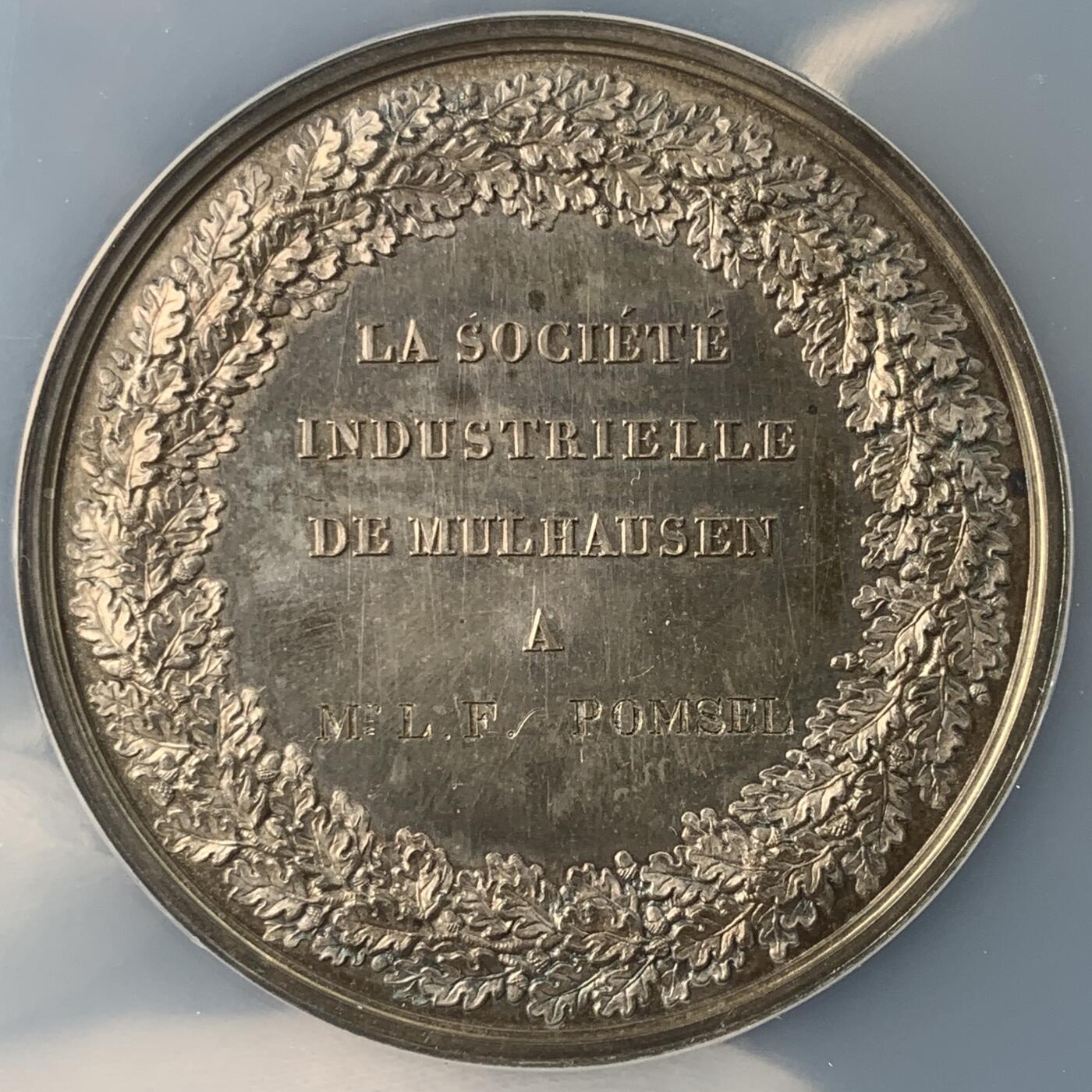 掌中浮雕-藏着的欧洲第036场 NGC MS64 : 1825年法国工业协会银章 ，50mm ,古灯边铭