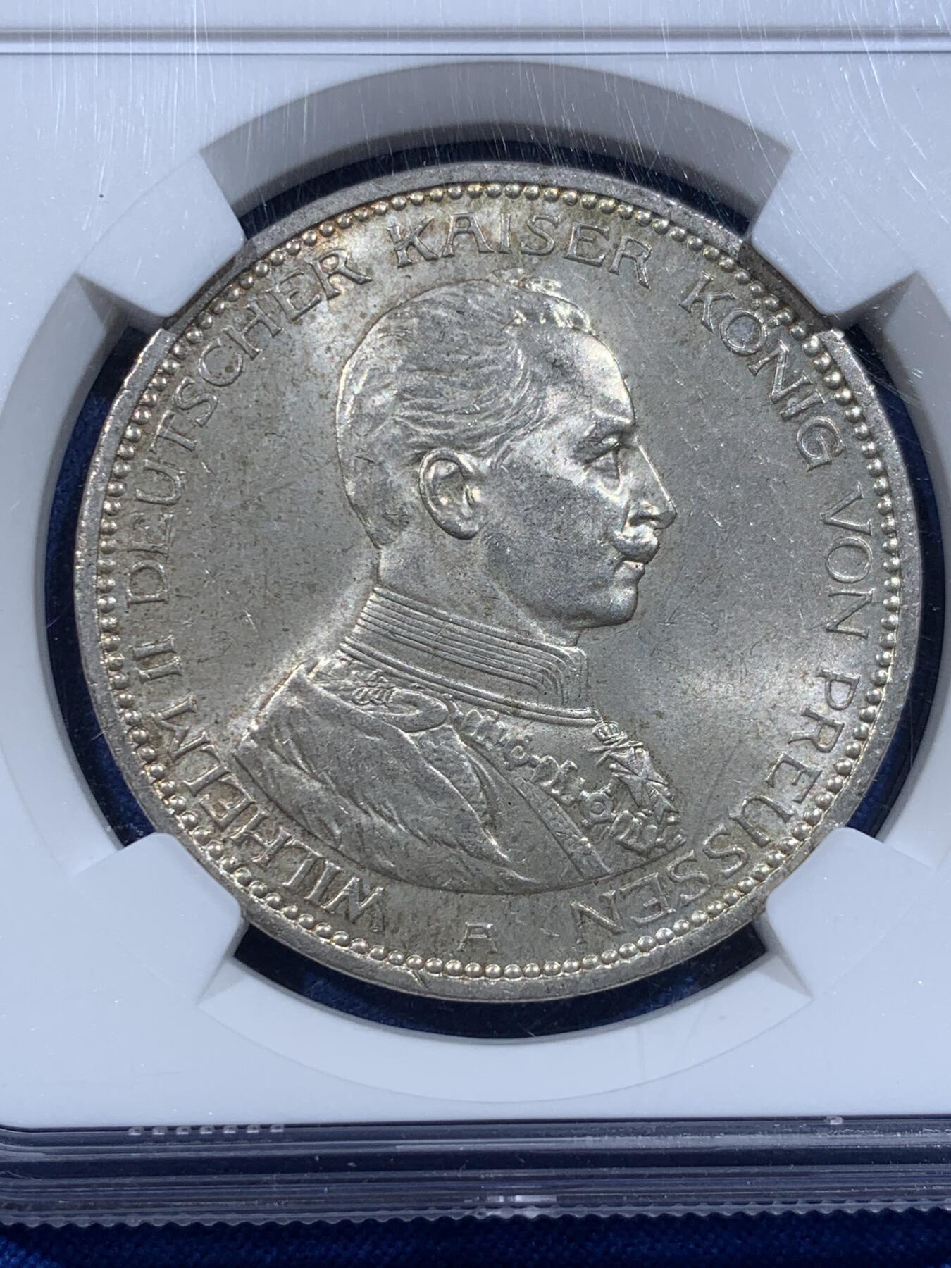 《竞宝斋》第421场 周日，周一，周二  3场连拍 （全场包邮） NGC MS64 德国1913威廉二世军装5马克 常见品种高分难得，双面淡淡黄油彩。ngc更高分仅10枚。