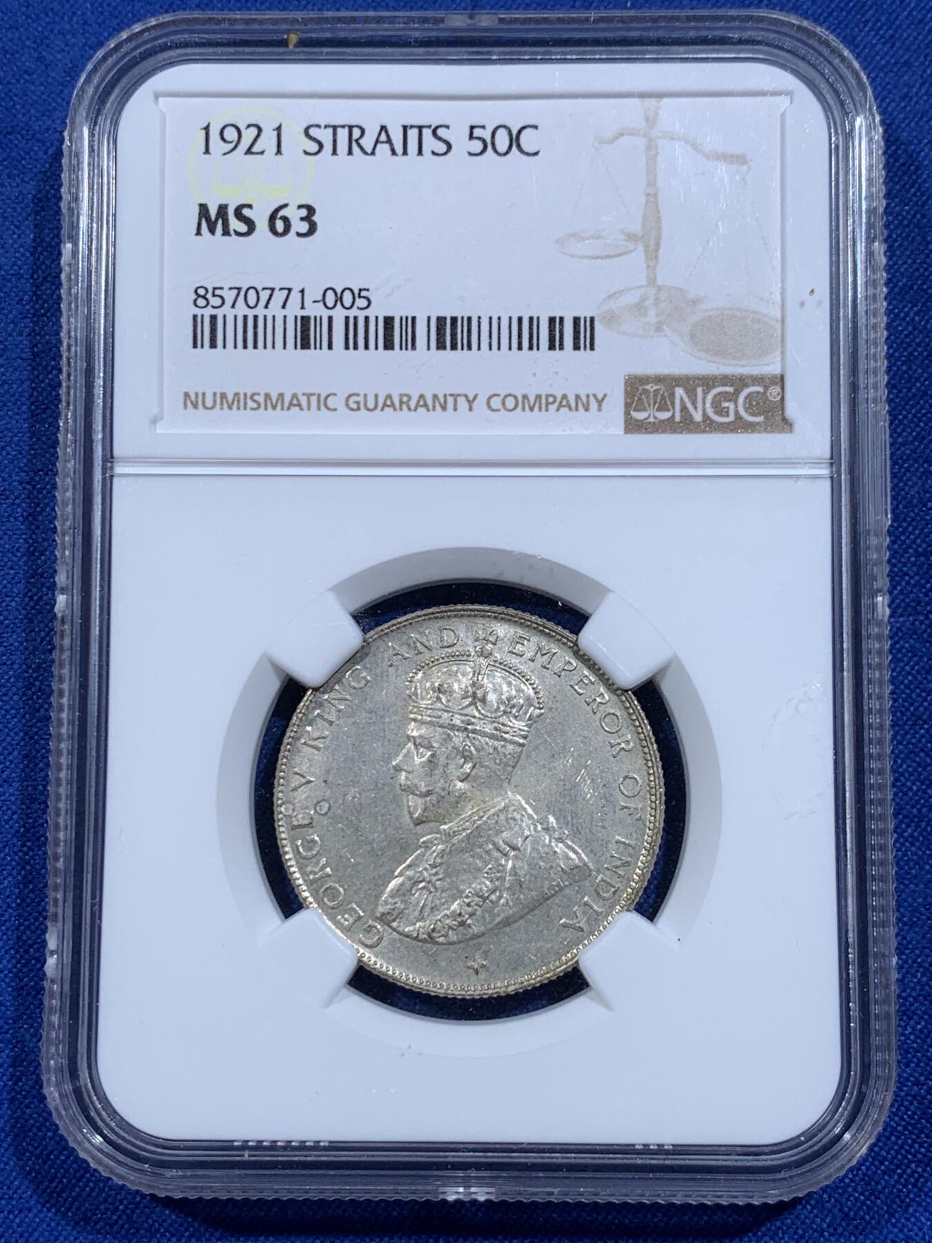 《竞宝斋》第421场 周日，周一，周二  3场连拍 （全场包邮） NGC MS63 海峡1921年乔治五世50分银币