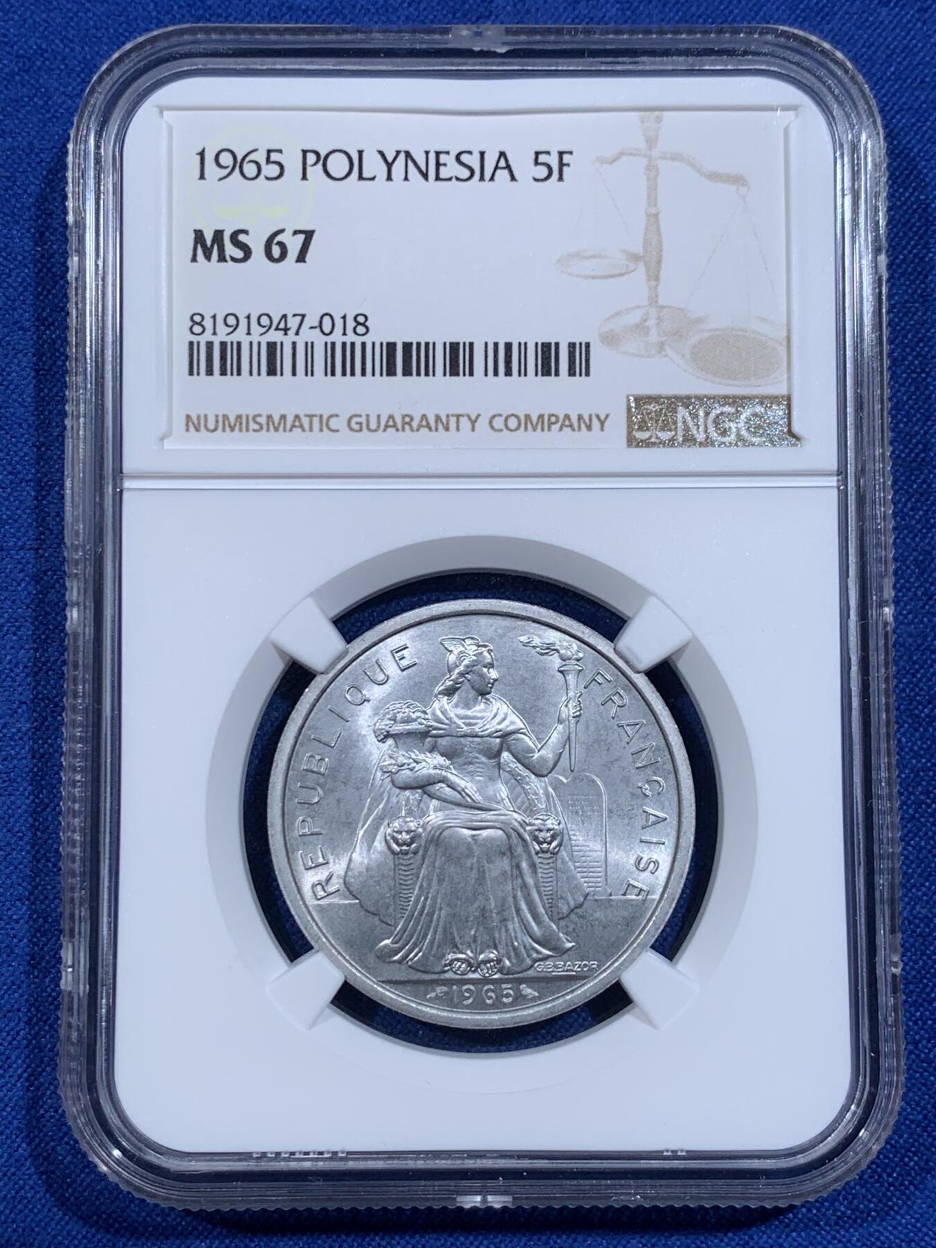 《竞宝斋》第421场 周日，周一，周二  3场连拍 （全场包邮） 四枚一组 NGC MS66-68 法属波利尼西亚1965年50分-5F
