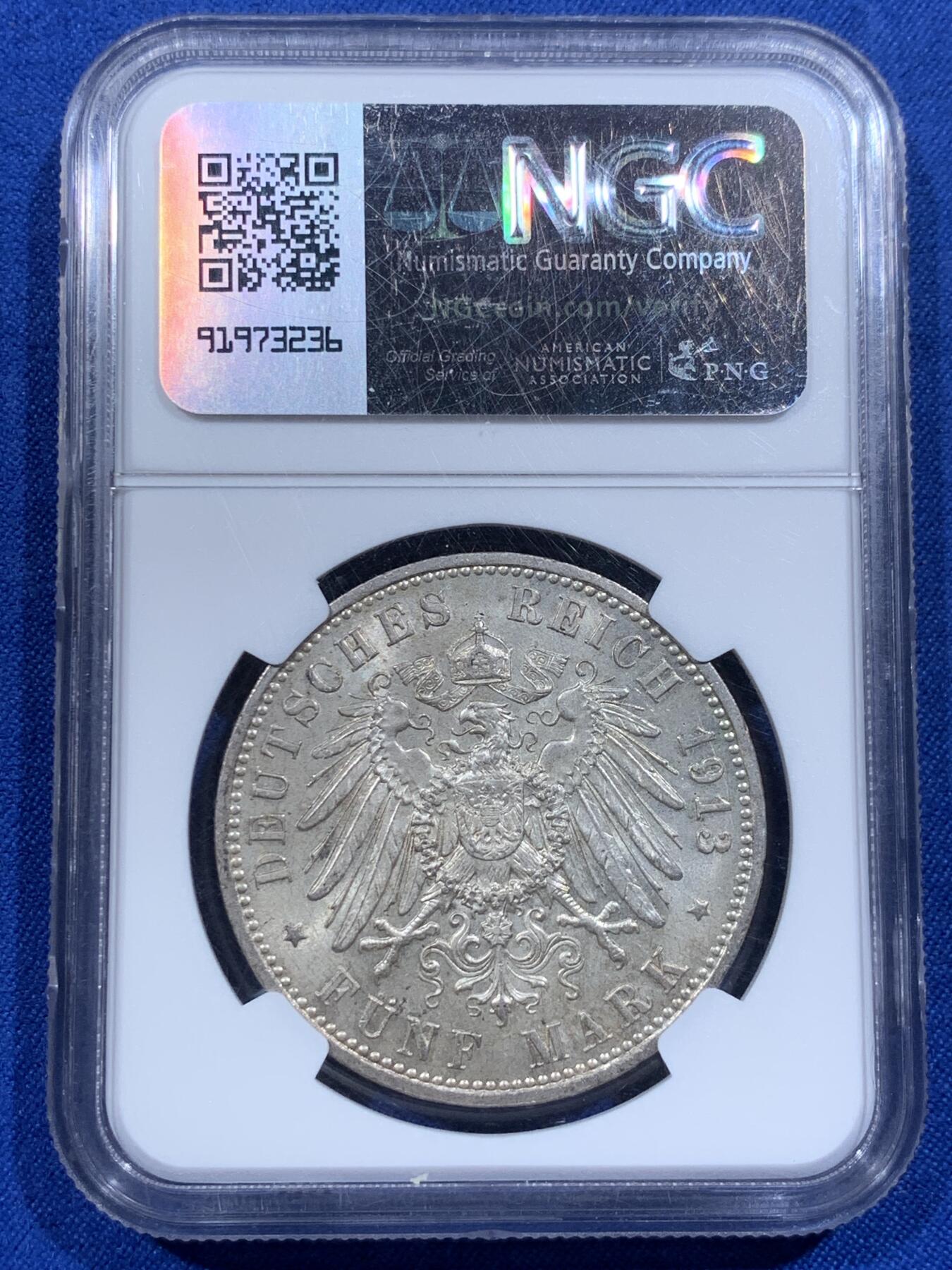 《竞宝斋》第421场 周日，周一，周二  3场连拍 （全场包邮） NGC MS64 德国1913威廉二世军装5马克 常见品种高分难得，双面淡淡黄油彩。ngc更高分仅10枚。