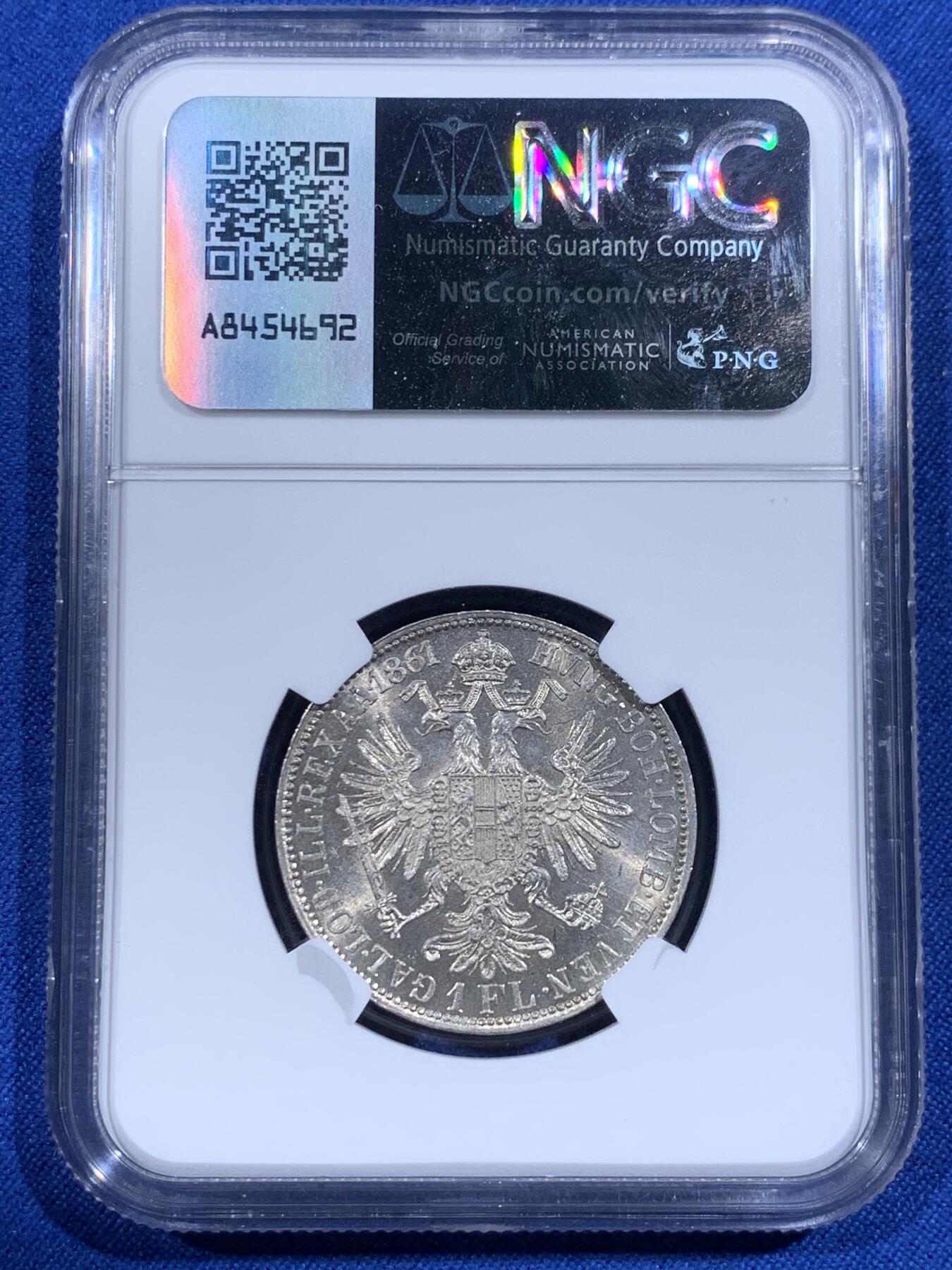 《竞宝斋》第421场 周日，周一，周二  3场连拍 （全场包邮） NGC MS62 奥地利1861年1弗洛林银币