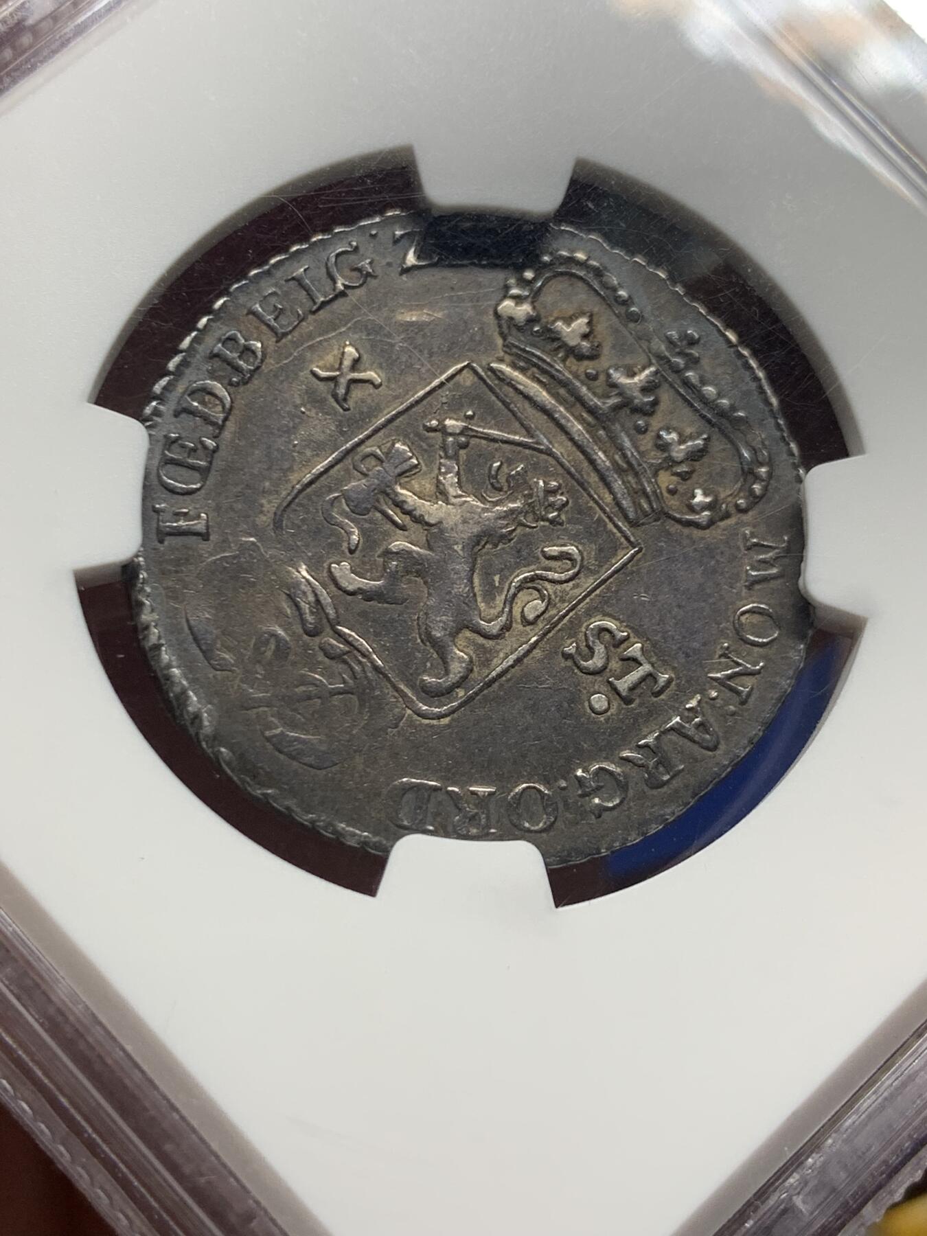 《竞宝斋》第421场 周日，周一，周二  3场连拍 （全场包邮） NGC AU50 荷兰东印度公司1791年10S 很少见的VOC货币，泽兰省女神，24年HA同年同版同分数，状态不如这个的，396刀成交。