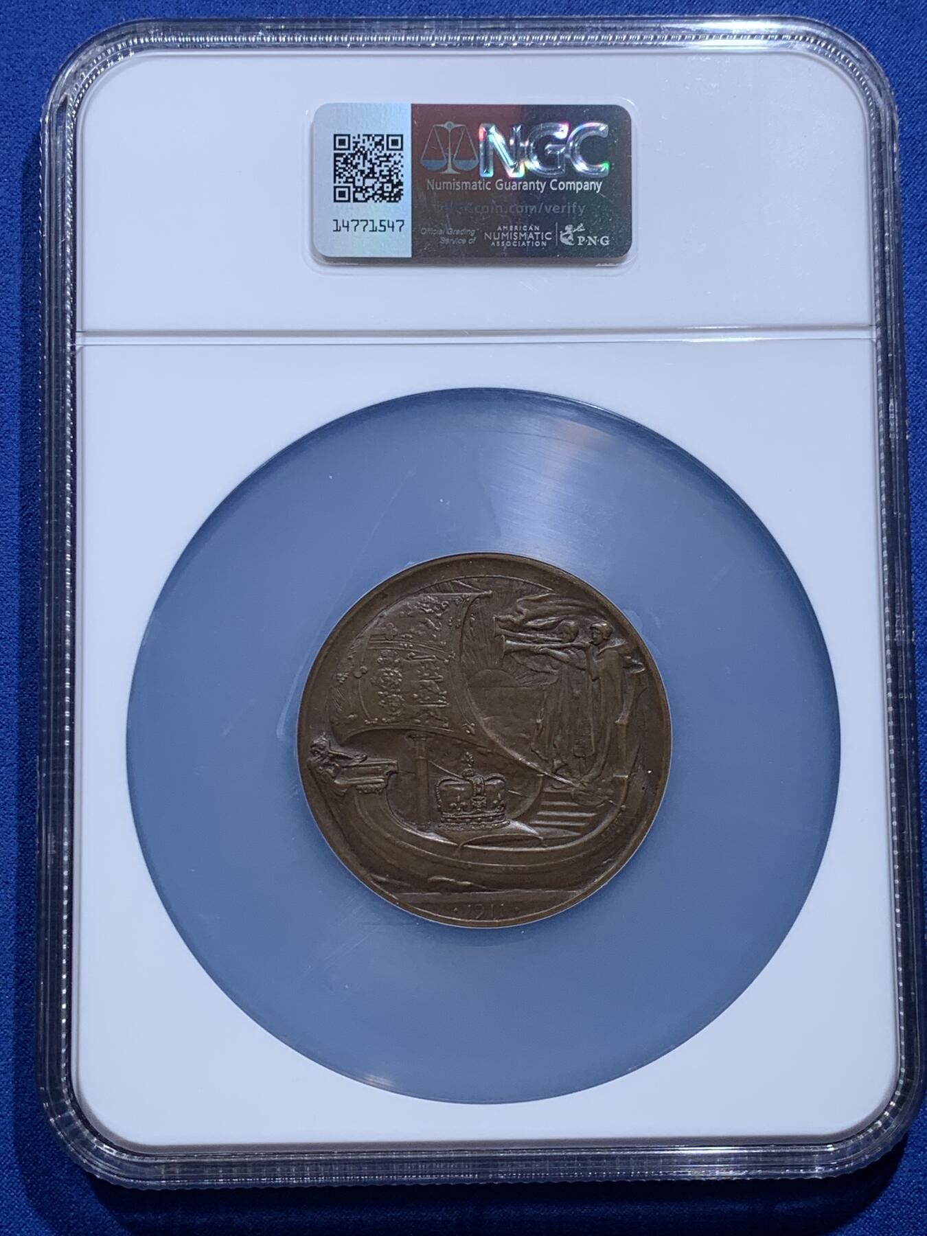 《竞宝斋》第421场 周日，周一，周二  3场连拍 （全场包邮） NGC MS64BN 英国1911年乔治五世加冕大铜章 大盒封装