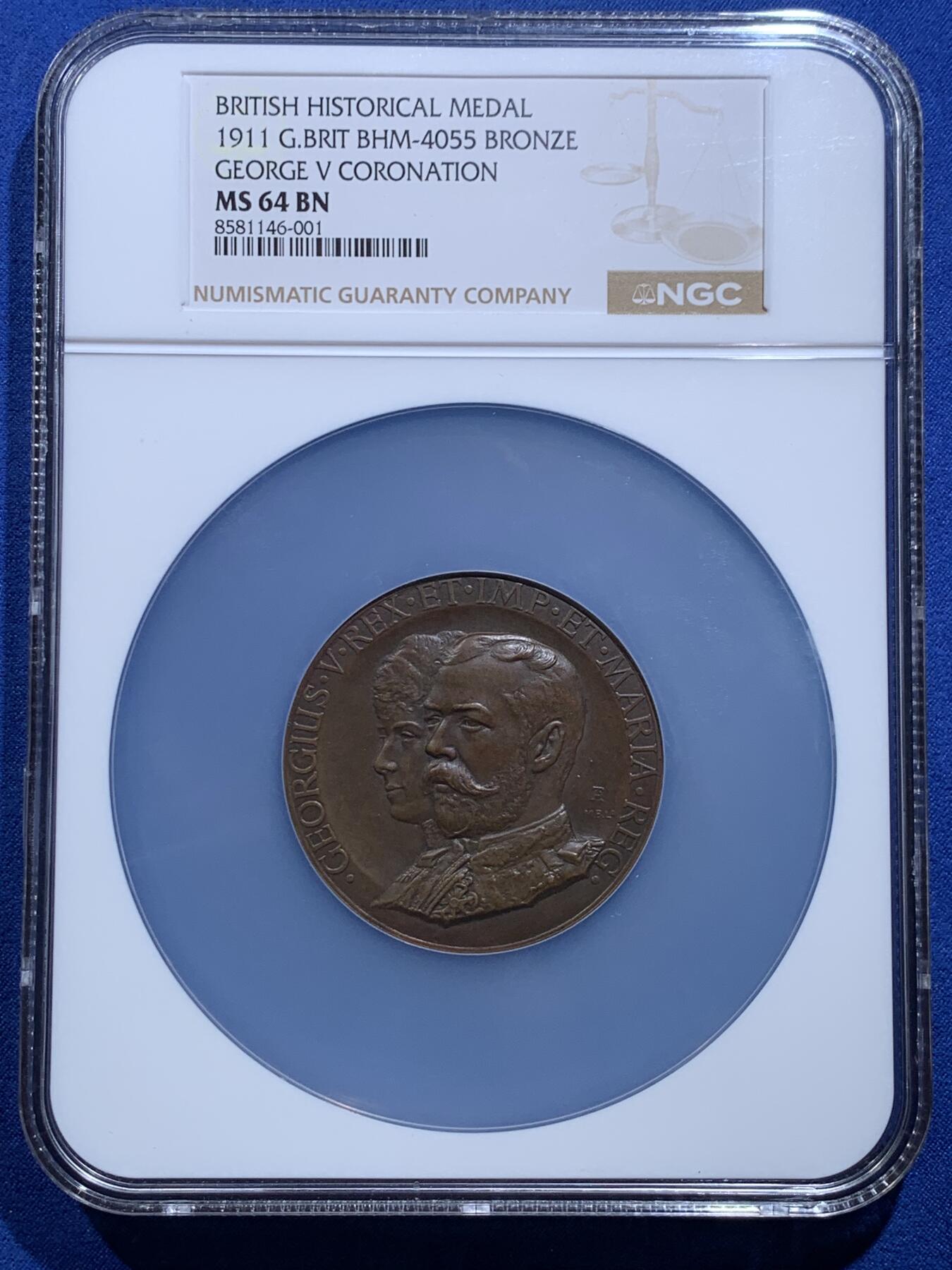 《竞宝斋》第421场 周日，周一，周二  3场连拍 （全场包邮） NGC MS64BN 英国1911年乔治五世加冕大铜章 大盒封装