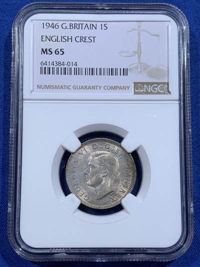 《竞宝斋》第421场 周日，周一，周二  3场连拍 （全场包邮） - NGC MS65 英国1946年乔六1先令银币，英格兰站狮版。流通版上65分难度不用多说，此枚是自送10几枚中唯一的1枚65分。英系玩家流通套必备，无需换藏的分数。